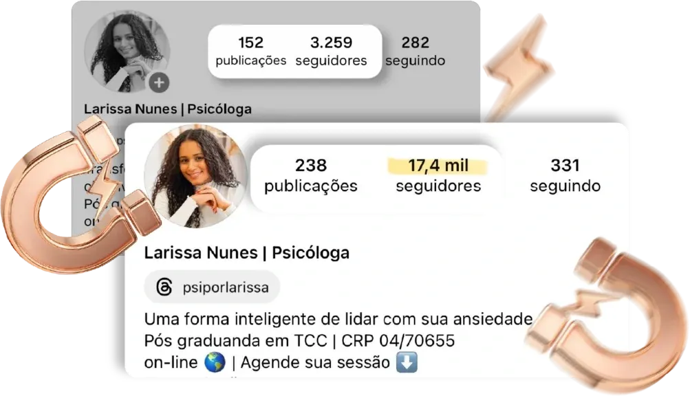 Comparação de crescimento no Instagram mostrando perfil de psicóloga aumentando de 3,2 mil para 17,4 mil seguidores