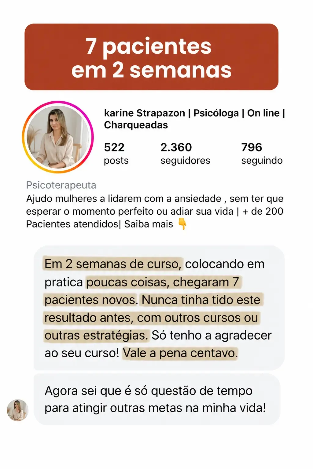 Resultado real de psicóloga atraindo pacientes pelo Instagram