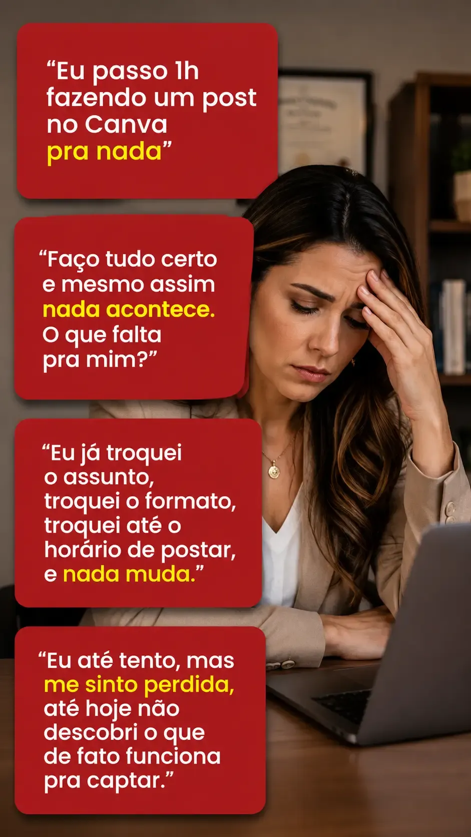 Terapeuta frustrada diante do computador, com o Instagram estagnado e sem novos seguidores chegando