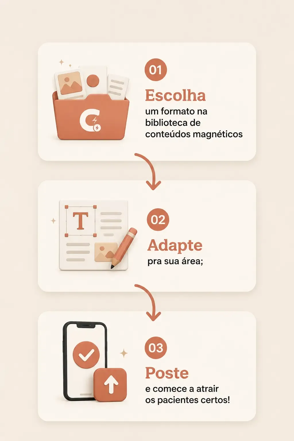 Passo a passo: 1) Escolha um formato na biblioteca de conteúdos magnéticos; 2) Adapte pra sua área; 3) Poste e comece a atrair os pacientes certos